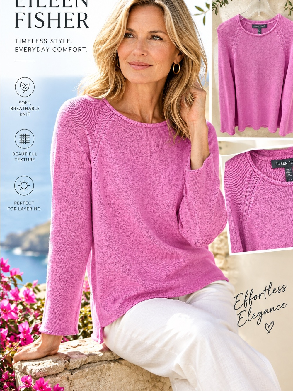 NWOT Eileen Fisher Pink Scoopneck Lightweight Knit Sweater